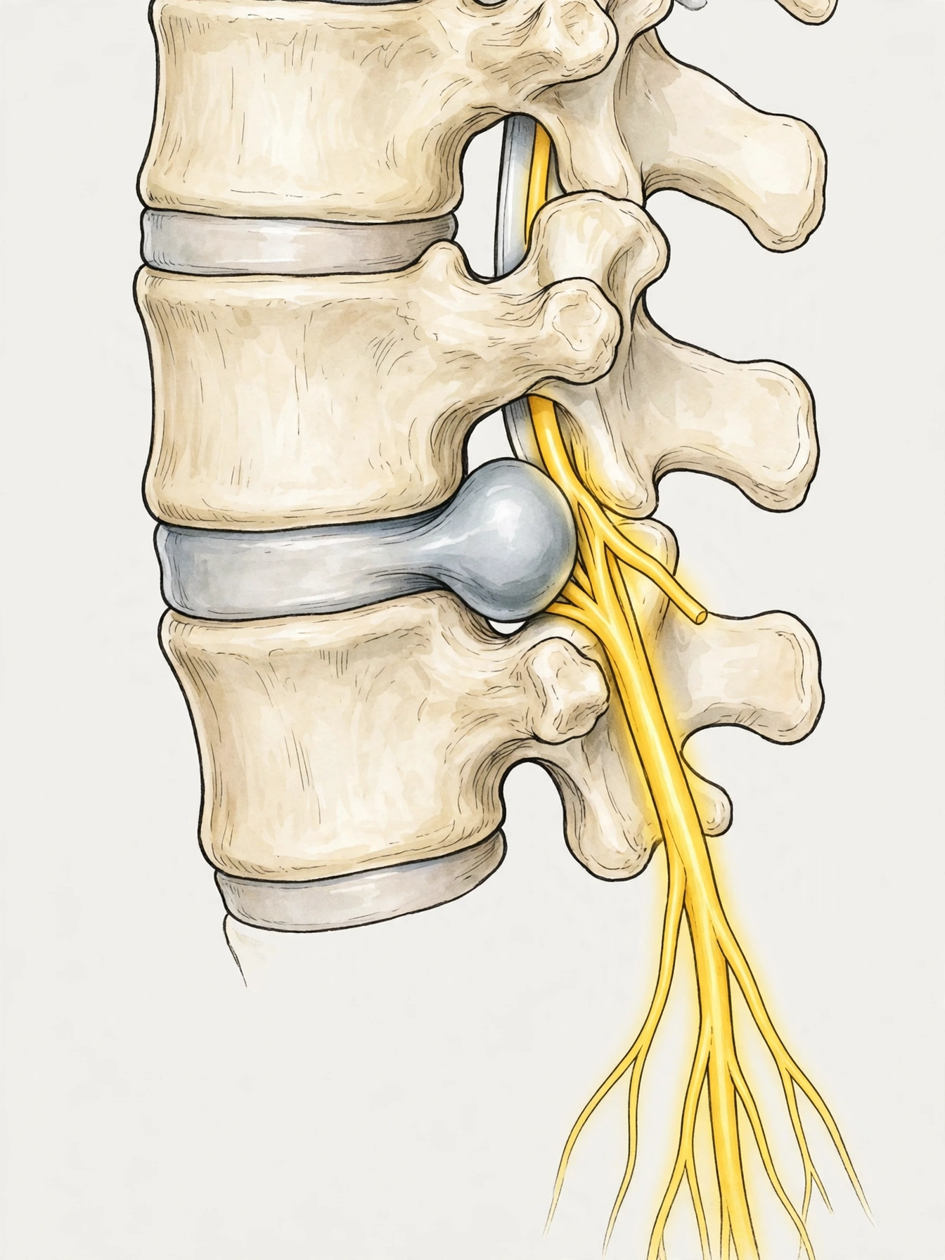Illustration of a herniated disc pressing on a nerve in the lower back