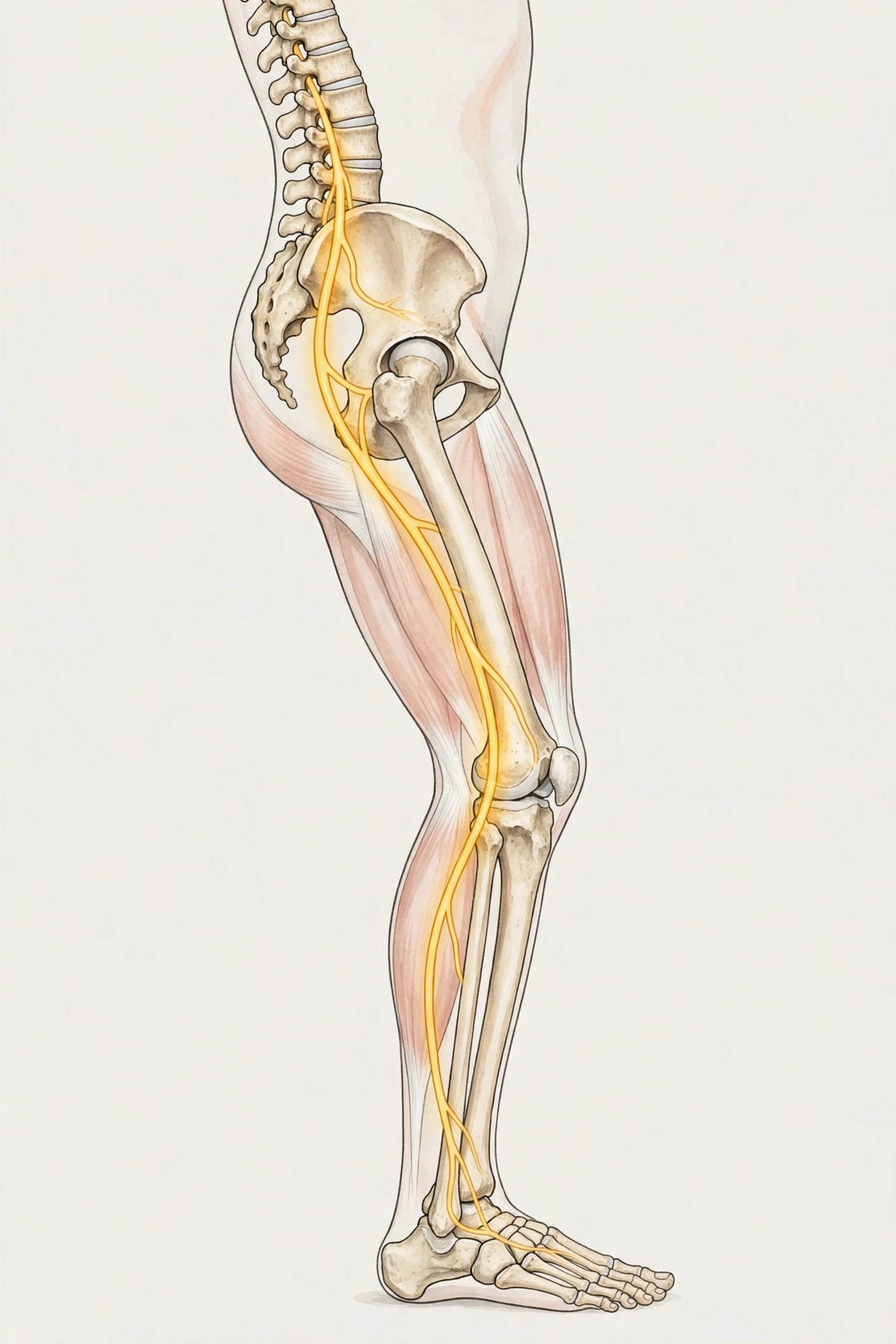 Illustration of the sciatic nerve running from the lower back through the hip and down the leg
